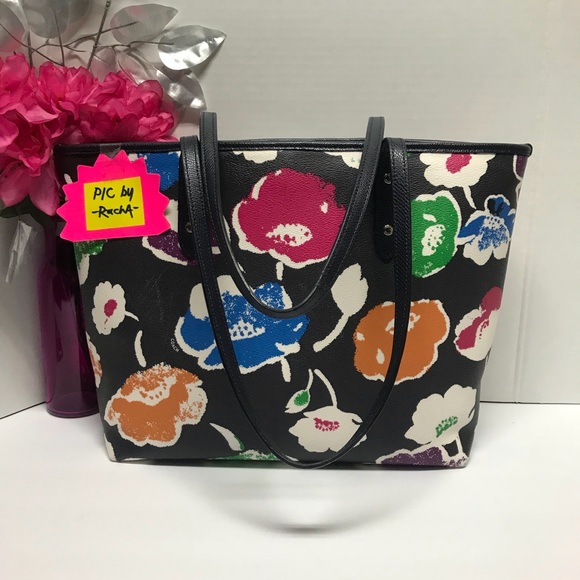 COACH Black Rainbow Floral City Zip Tote Purse Shoulder Hand Bag, Creed  # 37266 - Picture 4 of 14